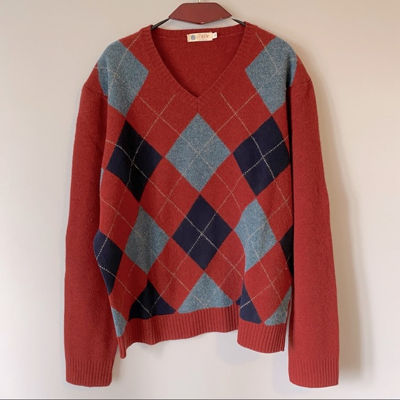 J. Crew Other - J. Crew men’s V-neck lambs wool argyle red grey sweater - XL